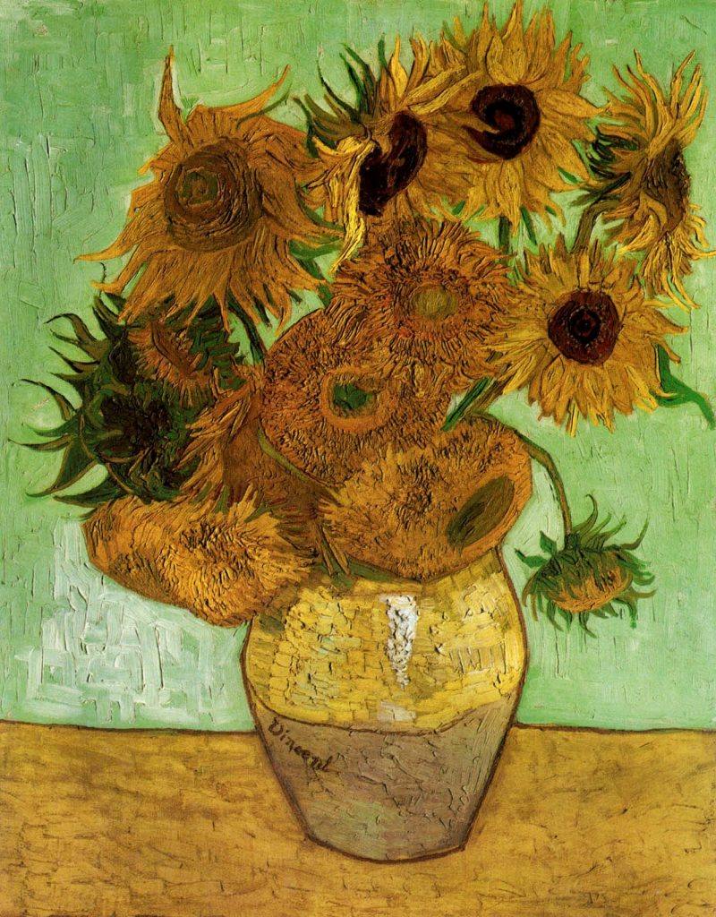 Pintura de jarrón con flores de girasol sobre una mesa y fondo verde