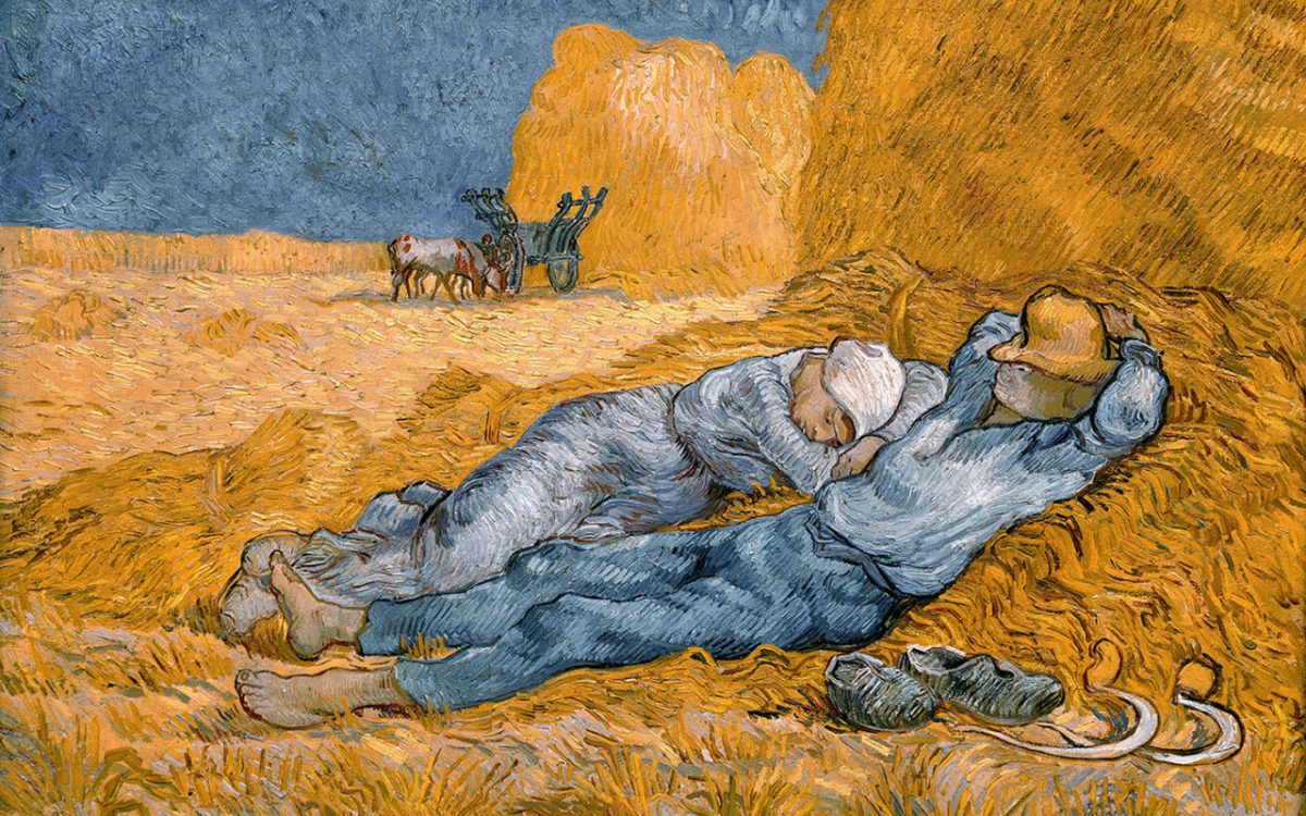 Pintura de una pareja con vestimenta de tonos azules durmiendo sobre un campo de paja