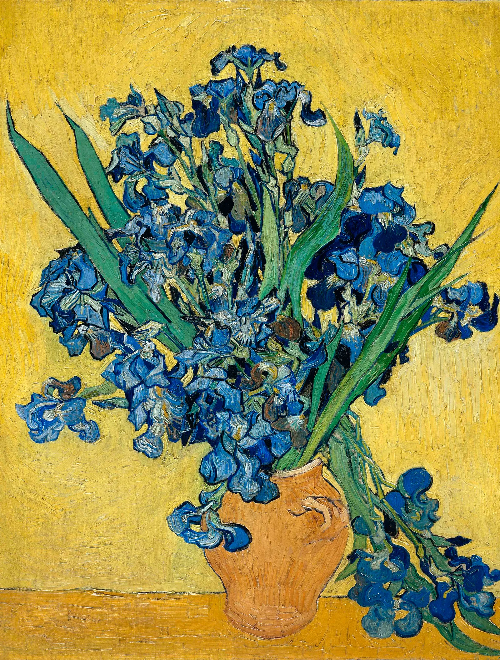 pintura lirios azules en jarrón sobre fondo amarillo